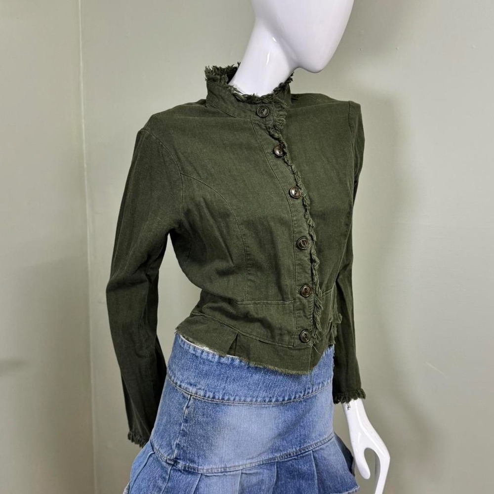 Miss Chievous Olive Green Linen - esque Frayed Button-Up Jacket – Size L